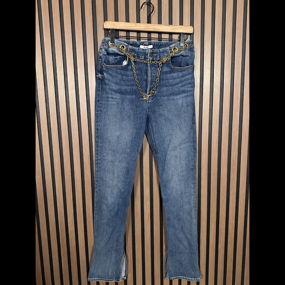GRLFRND Blaine Jeans 29 Womens Blue Bootcut Chain Detail Mid Rise Hem Slit